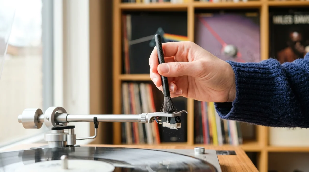 Gros plan sur une main utilisant une brosse en fibre de carbone pour nettoyer la pointe d'une platine vinyle.