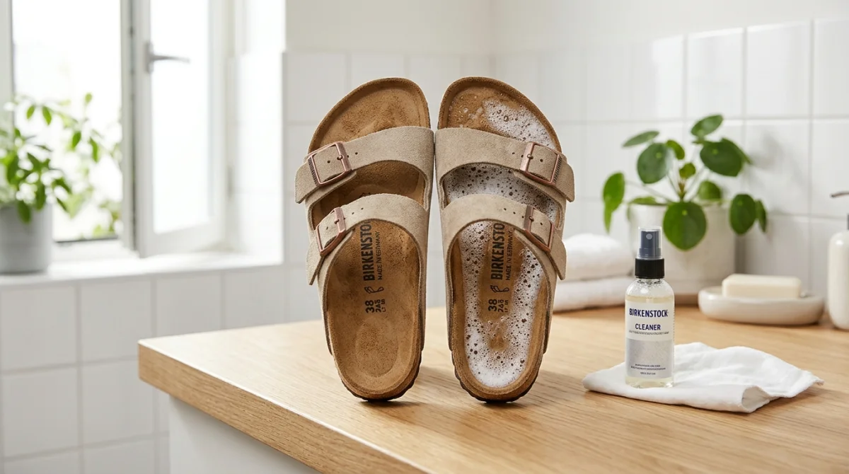 Paire de sandales Birkenstock en cuir nettoyées avec soin sur une semelle en liège dans une salle de bain.