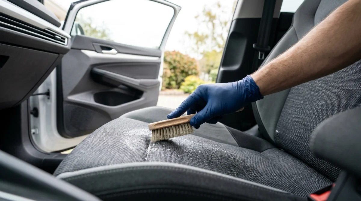 Main gantée utilisant une brosse douce pour nettoyer efficacement un siège de voiture en tissu propre.