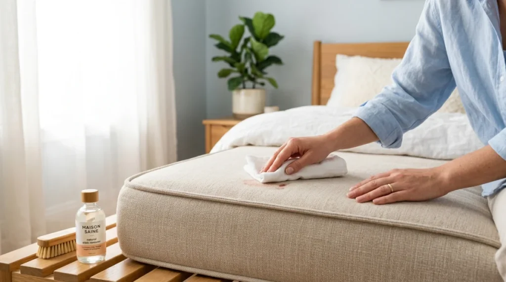 Personne nettoyant délicatement une tache sur un matelas beige avec un chiffon pour expliquer comment nettoyer un matelas.