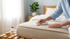 Personne nettoyant délicatement une tache sur un matelas beige avec un chiffon pour expliquer comment nettoyer un matelas.