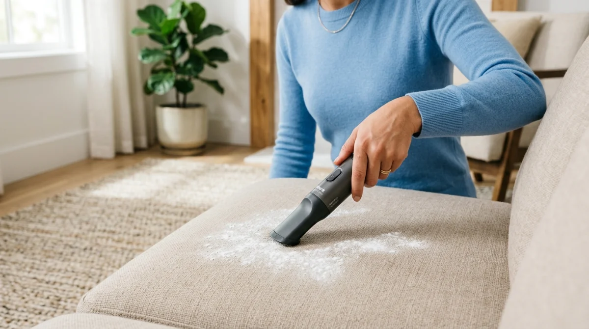 Une personne utilise un aspirateur à main pour nettoyer une tache de sang traitée au bicarbonate sur un tissu.
