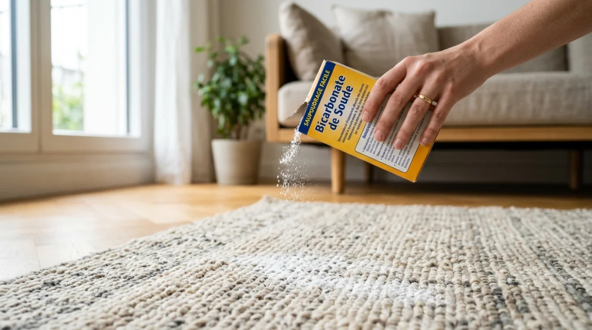 Main saupoudrant du bicarbonate de soude sur un tapis texturé pour expliquer comment nettoyer un tapis efficacement.