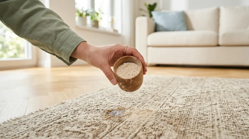 Main saupoudrant de la terre de Sommières sur une tache pour expliquer comment nettoyer un tapis efficacement.