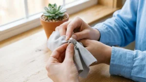 Mains polissant délicatement une bague en argent étincelante avec un chiffon doux pour nettoyer des bijoux en argent.