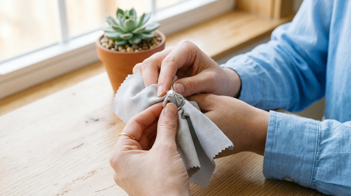 Mains polissant délicatement une bague en argent étincelante avec un chiffon doux pour nettoyer des bijoux en argent.