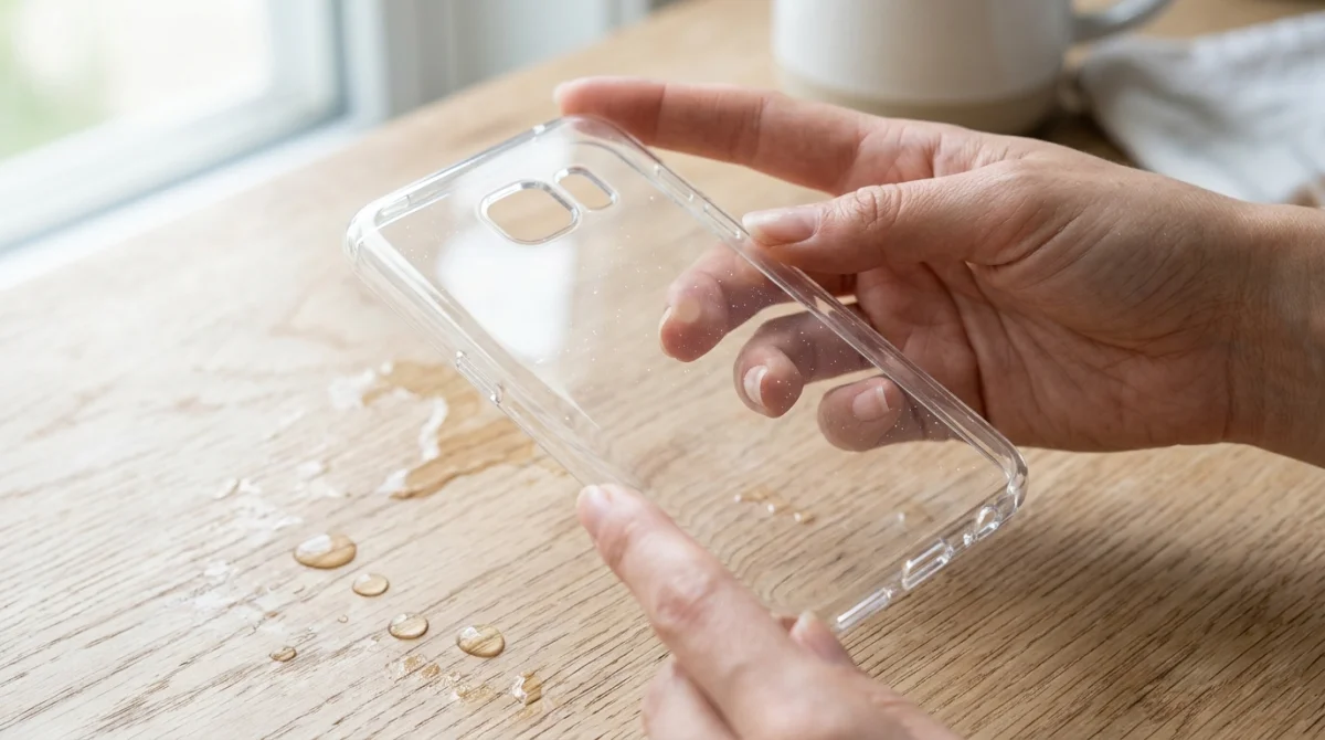 Main tenant une coque de smartphone transparente et étincelante pour illustrer comment nettoyer une coque transparente efficacement.