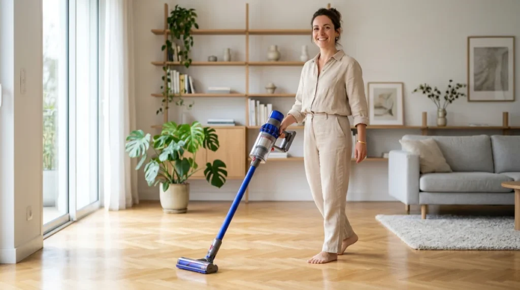 Personne souriante utilisant un aspirateur sans fil dans un salon lumineux pour savoir comment nettoyer la maison vite.