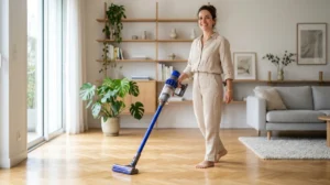 Personne souriante utilisant un aspirateur sans fil dans un salon lumineux pour savoir comment nettoyer la maison vite.