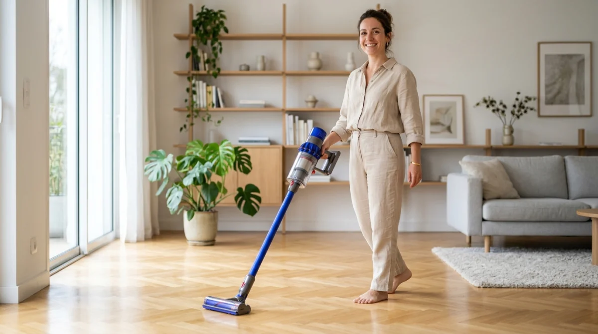 Personne souriante utilisant un aspirateur sans fil dans un salon lumineux pour savoir comment nettoyer la maison vite.