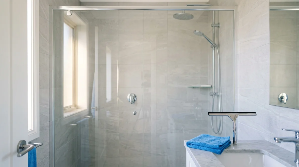 Paroi de douche en verre parfaitement propre avec raclette et chiffon microfibre pour apprendre comment nettoyer une paroi de douche.