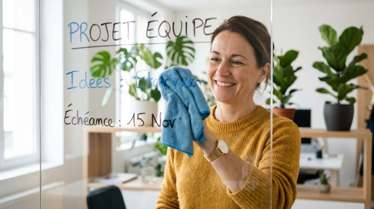Une personne nettoie délicatement un tableau blanc en verre avec un chiffon microfibre dans un bureau moderne lumineux.