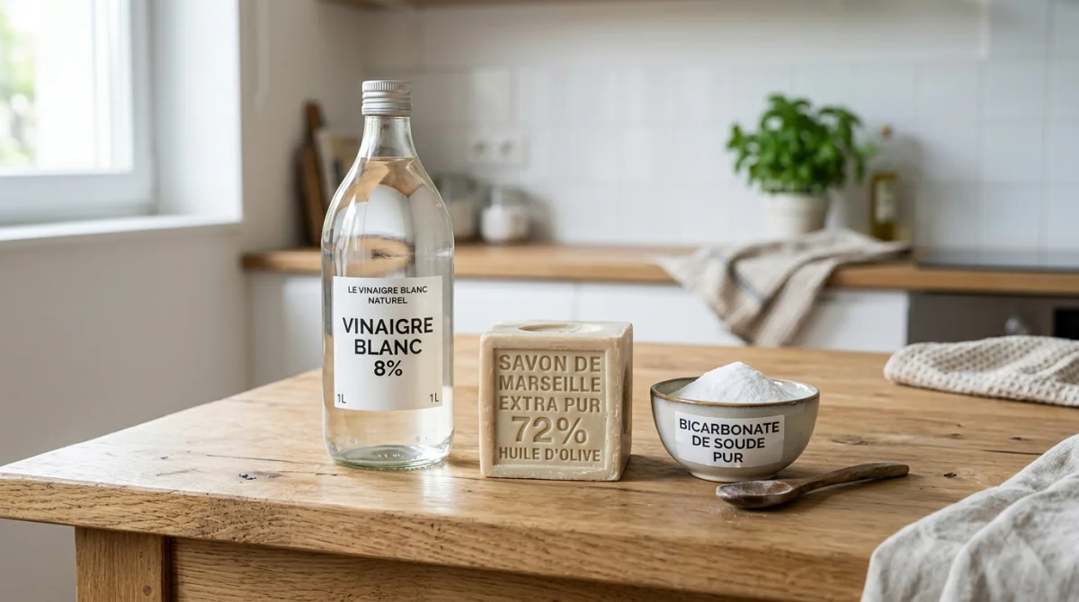 Savon de Marseille, vinaigre blanc et bicarbonate de soude sur une table en bois pour nettoyer une tache.
