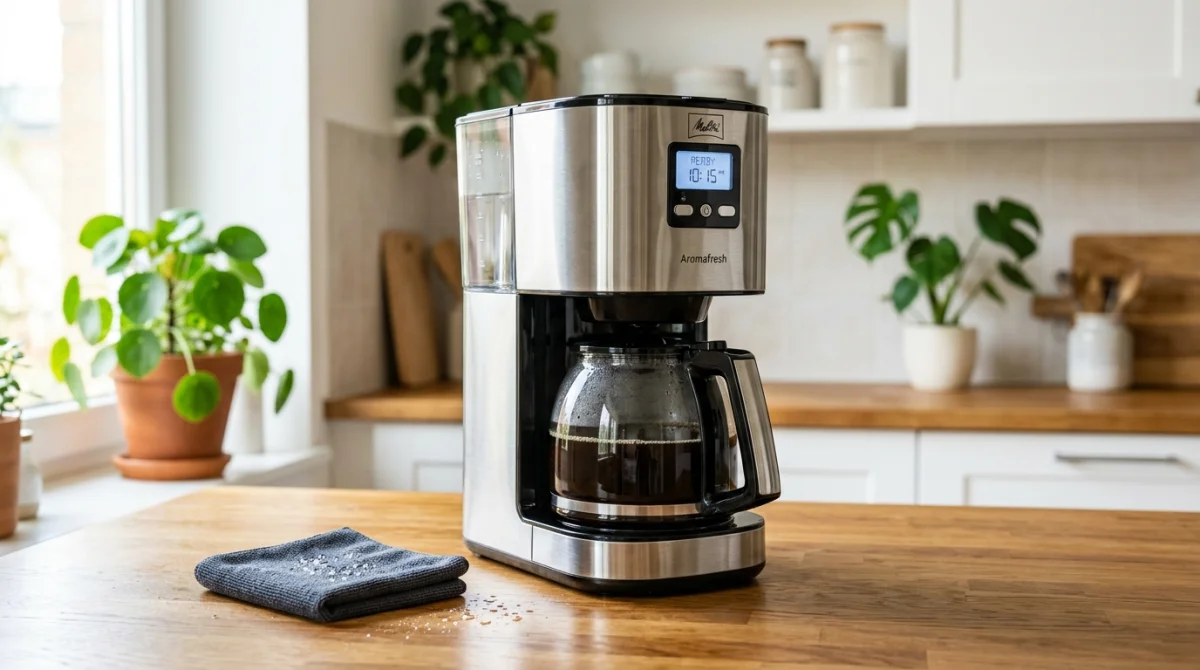 Cafetière moderne et propre sur un plan de travail en bois pour apprendre comment nettoyer sa cafetière efficacement.