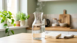 Carafe en verre propre et étincelante sur un plan de travail pour illustrer comment nettoyer sa cafetière efficacement.