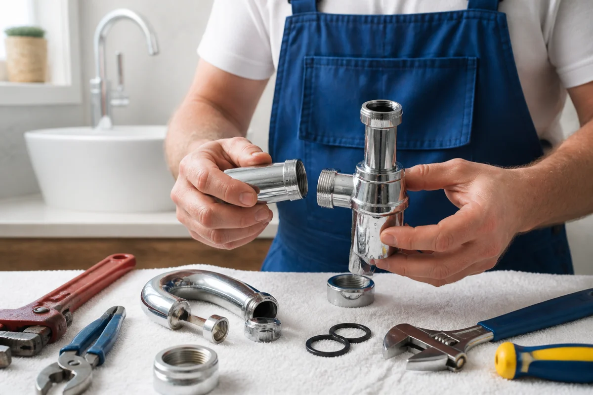 Plombier professionnel nettoyant soigneusement un siphon de lavabo démonté pour expliquer comment nettoyer les canalisations efficacement.
