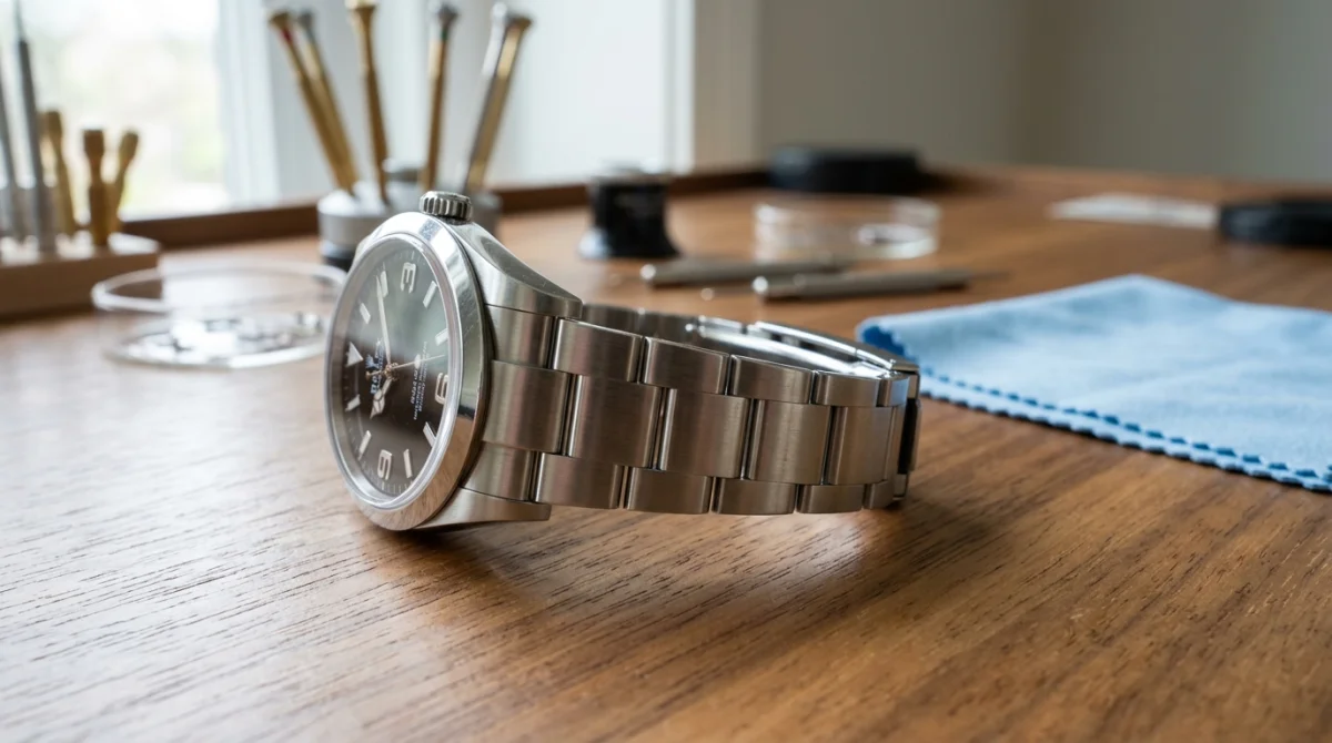 Gros plan sur une montre de luxe en acier propre avec chiffon et outils pour apprendre comment nettoyer une montre.