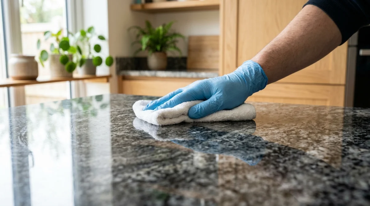 Main gantée utilisant un chiffon en microfibre pour polir délicatement une surface en granit brillant dans une cuisine.
