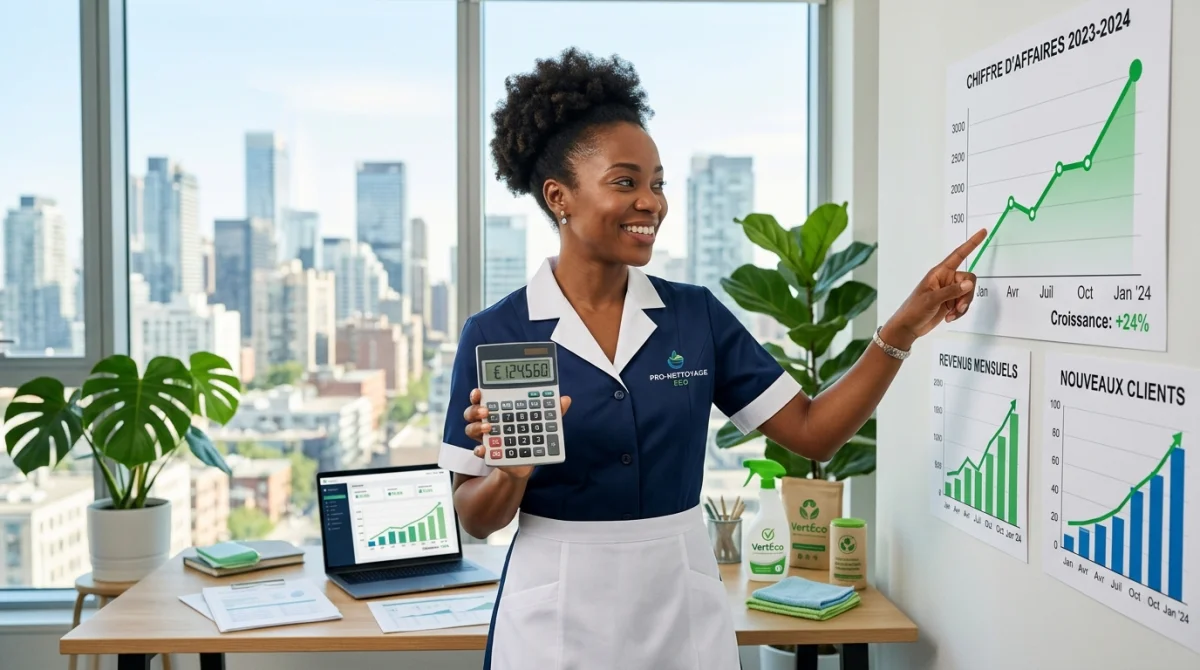 Entrepreneuse en nettoyage confiante analysant la croissance des gains avec calculatrice et graphiques