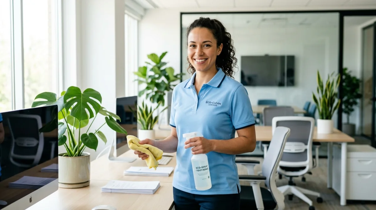 Employée souriante en uniforme de nettoyage dans un bureau moderne, symbole de succès d'une entreprise de nettoyage.