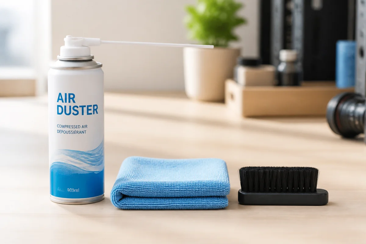 Kit d'entretien avec bombe à air, chiffon et brosse pour apprendre comment nettoyer sa PS5 efficacement.