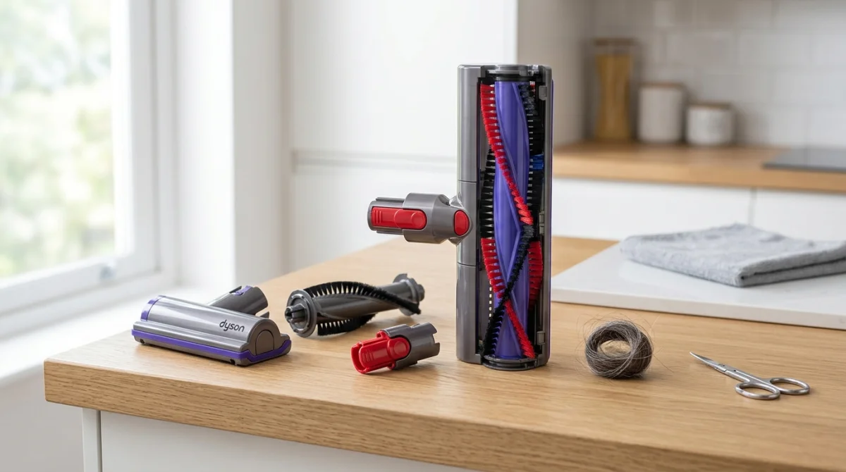 Brosse rotative d'aspirateur Dyson démontée et propre sur un plan de travail pour illustrer comment nettoyer son appareil.