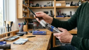 Mains utilisant une brosse souple pour nettoyer l'intérieur d'un tube d'aspirateur Dyson dans un atelier lumineux.