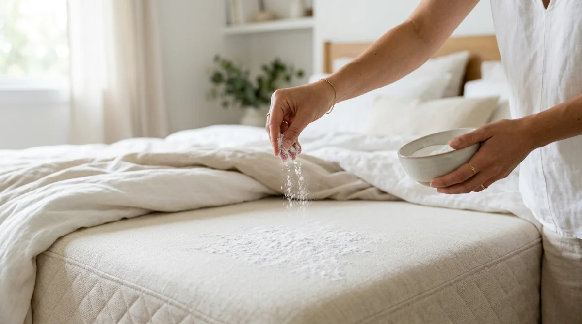 Main saupoudrant du bicarbonate de soude sur un matelas pour expliquer comment nettoyer un matelas taché d'urine.