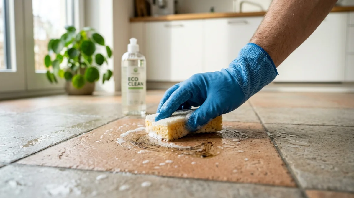 Main gantée nettoyant une tache sur un carrelage mat et poreux avec une éponge pour un entretien efficace.