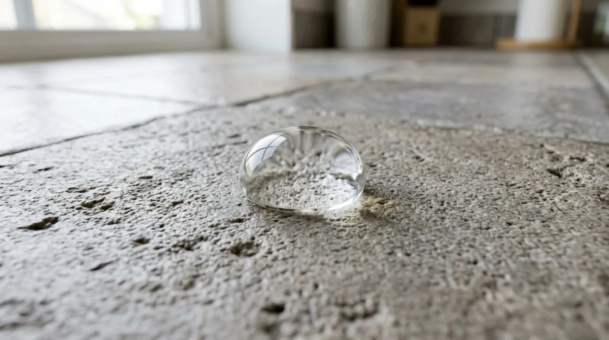 Gros plan macro d'une goutte d'eau sur un carrelage mat et poreux pour illustrer comment nettoyer son sol.