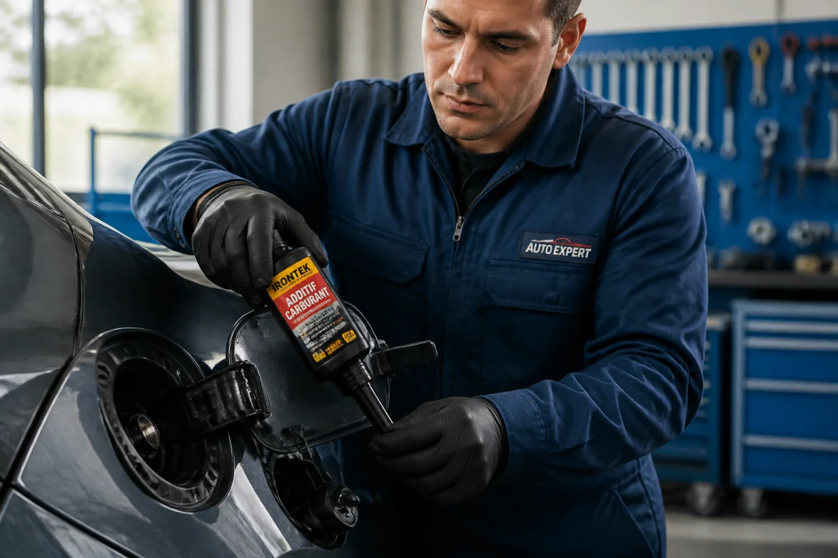 Mécanicien versant un additif dans un réservoir pour expliquer comment nettoyer un catalyseur efficacement.