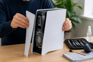 Personne retirant délicatement le panneau latéral d'une console PS5 pour apprendre comment nettoyer sa PS5 efficacement.