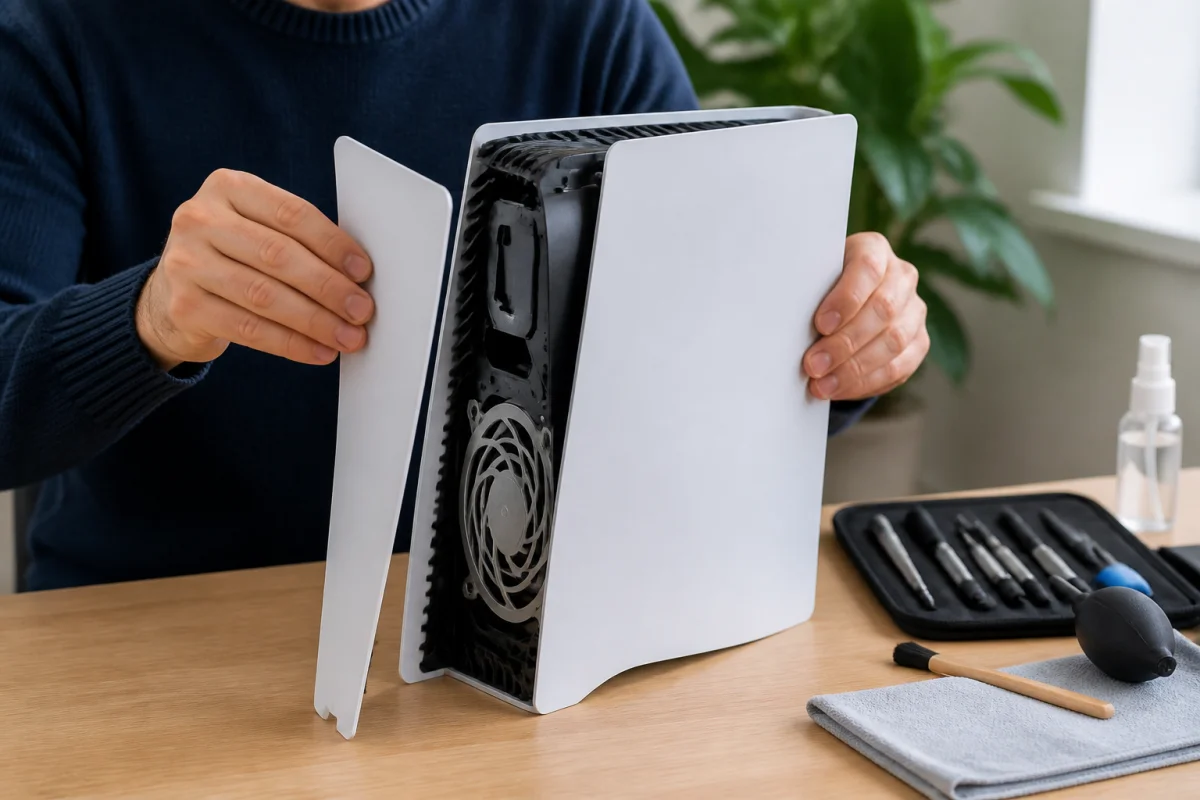 Personne retirant délicatement le panneau latéral d'une console PS5 pour apprendre comment nettoyer sa PS5 efficacement.