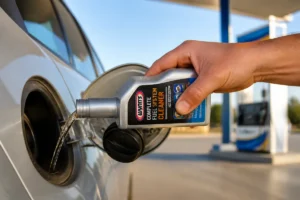 Main versant un additif nettoyant dans le réservoir d'une voiture pour entretenir efficacement le catalyseur du moteur.