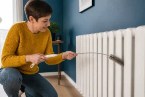 Personne utilisant une brosse flexible pour nettoyer la poussière derrière un radiateur blanc dans un intérieur moderne.