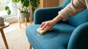 Main nettoyant délicatement un fauteuil en tissu bleu pétrole avec une éponge humide pour illustrer le nettoyage.