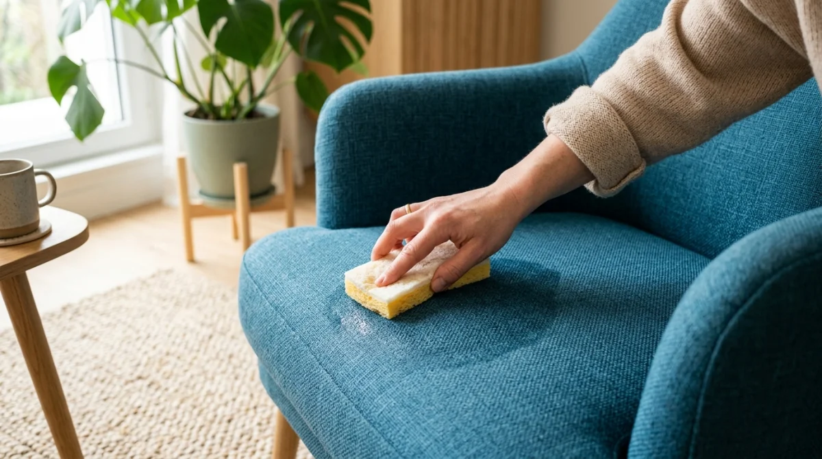 Main nettoyant délicatement un fauteuil en tissu bleu pétrole avec une éponge humide pour illustrer le nettoyage.
