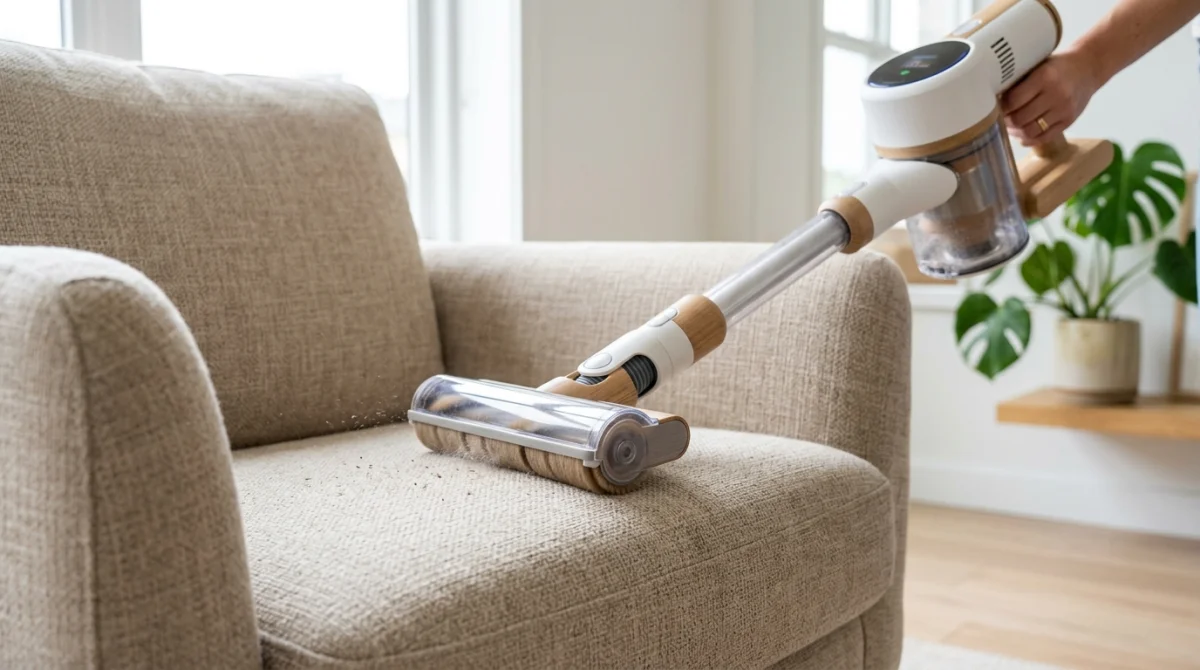 Aspirateur moderne avec embout brosse nettoyant délicatement le tissu d'un fauteuil dans un salon lumineux et épuré.