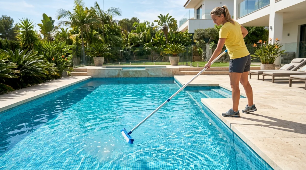 Personne utilisant une brosse télescopique pour nettoyer le fond d'une piscine cristalline sans aspirateur.