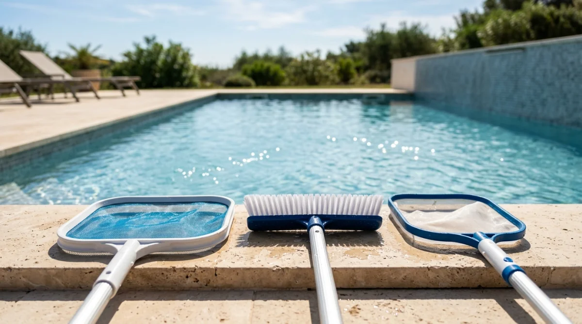 Accessoires de nettoyage comme une brosse et une épuisette posés au bord d'une piscine pour un entretien manuel efficace.