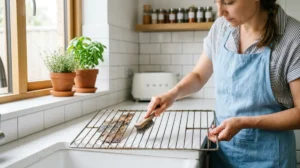 Personne nettoyant une grille de four avec une brosse métallique dans une cuisine moderne et lumineuse.