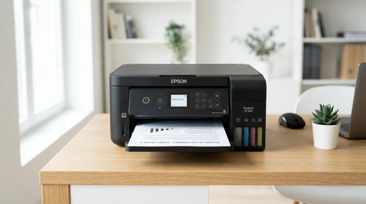 Imprimante Epson moderne posée sur un bureau propre, illustrant le résultat après un entretien efficace.
