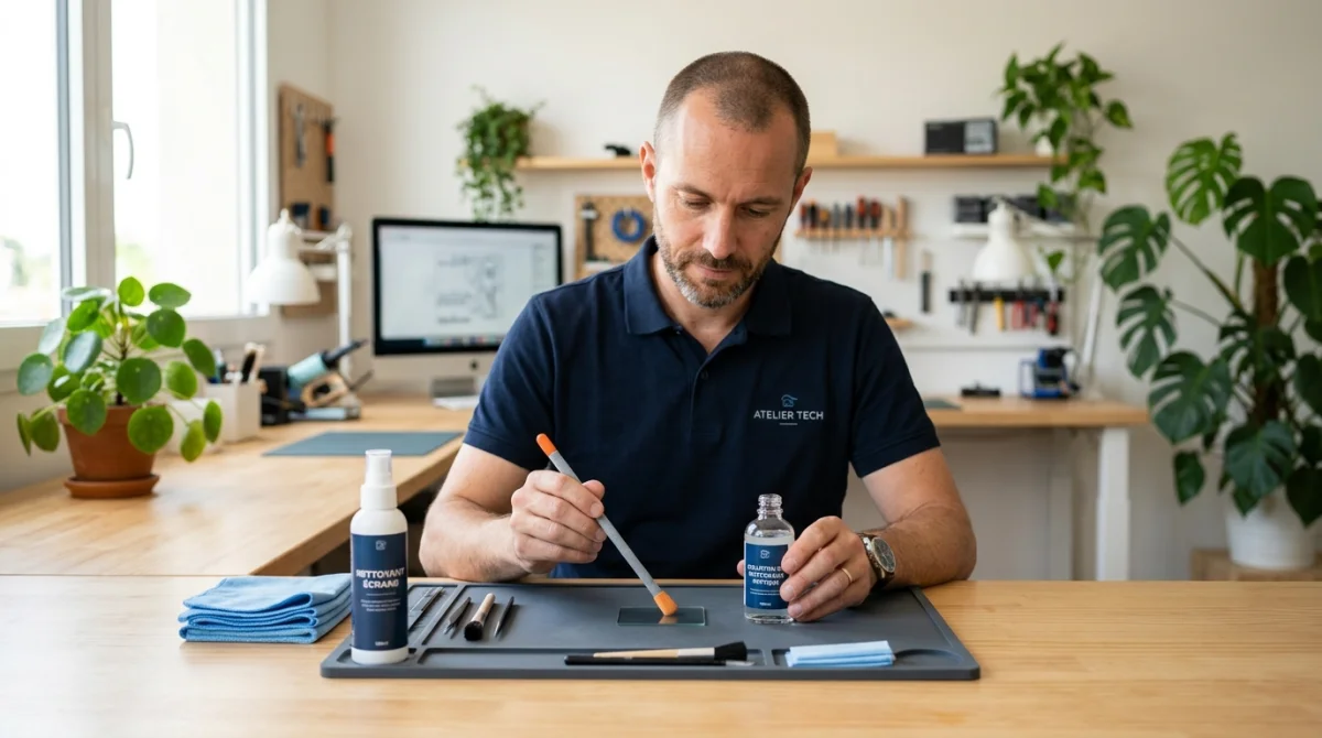 Technicien utilisant une solution de nettoyage et une tige microfibre pour entretenir une imprimante Epson dans un atelier.