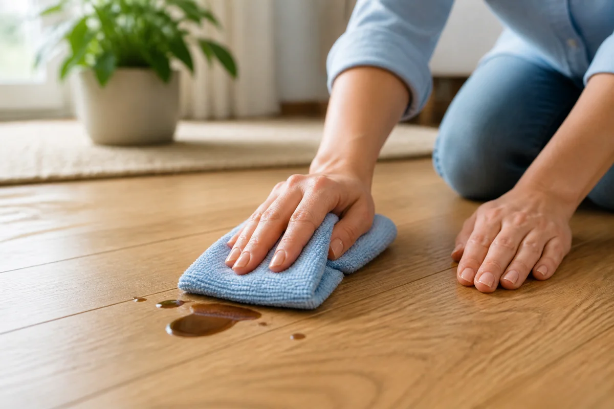Main utilisant un chiffon microfibre pour nettoyer délicatement une tache sur un parquet flottant en bois clair.