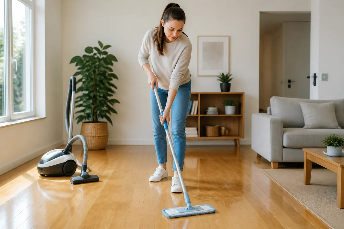 Personne nettoyant un parquet flottant en bois clair avec un balai microfibre dans un salon lumineux.