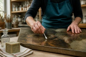 Artisan restaurateur nettoyant délicatement la surface d'un tableau ancien avec un coton-tige dans un atelier professionnel.