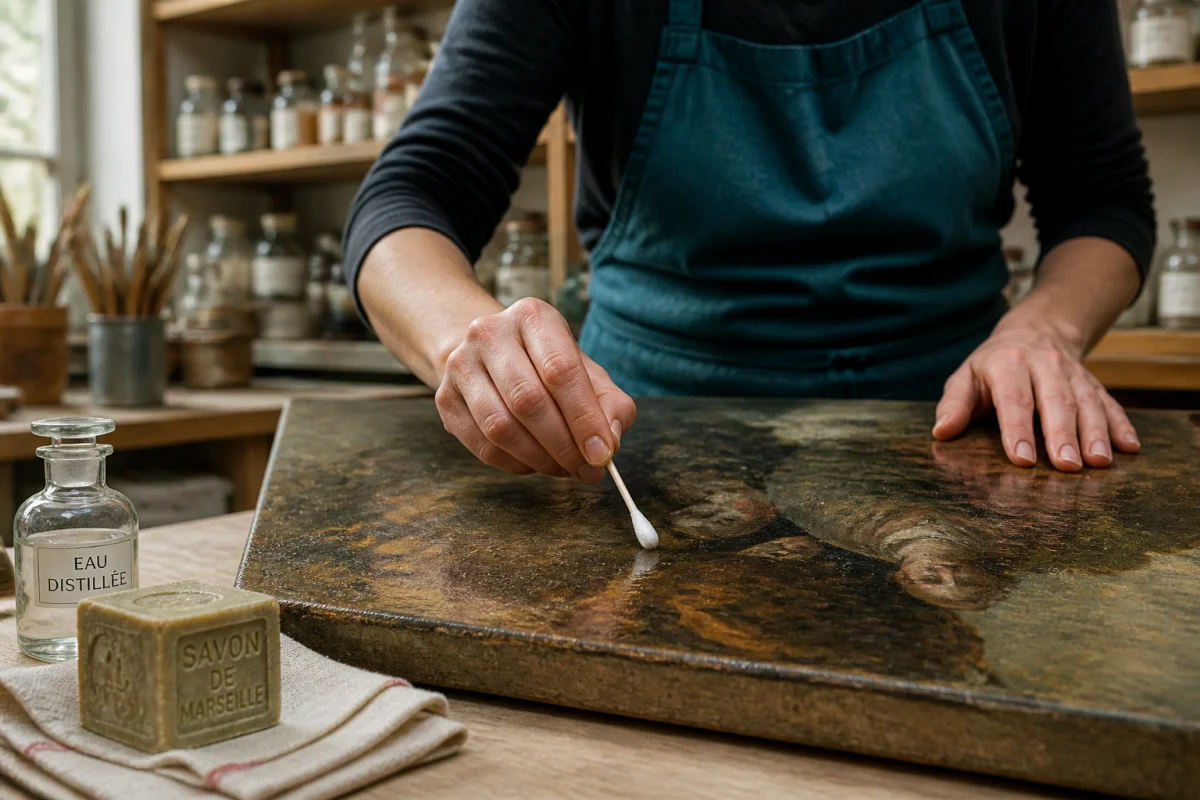 Artisan restaurateur nettoyant délicatement la surface d'un tableau ancien avec un coton-tige dans un atelier professionnel.