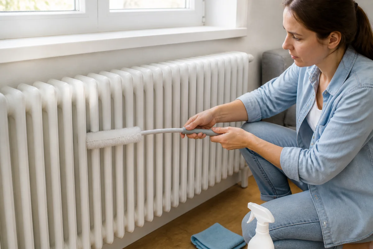 Une personne utilise une brosse flexible pour nettoyer les interstices d'un radiateur blanc dans un salon moderne.