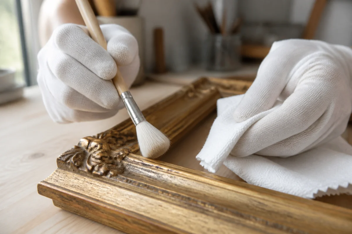 Mains gantées nettoyant délicatement un cadre ancien doré avec un pinceau souple pour illustrer comment nettoyer un tableau.
