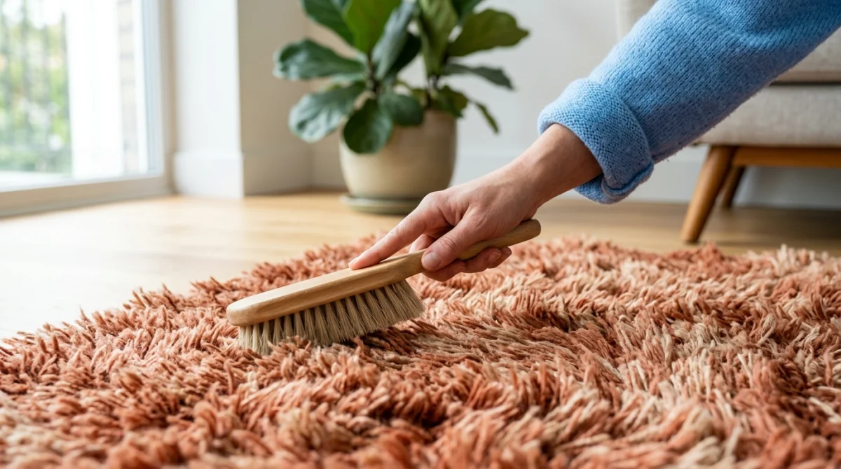 Main utilisant une brosse douce pour nettoyer et redresser les fibres d'un tapis à poils longs shaggy.